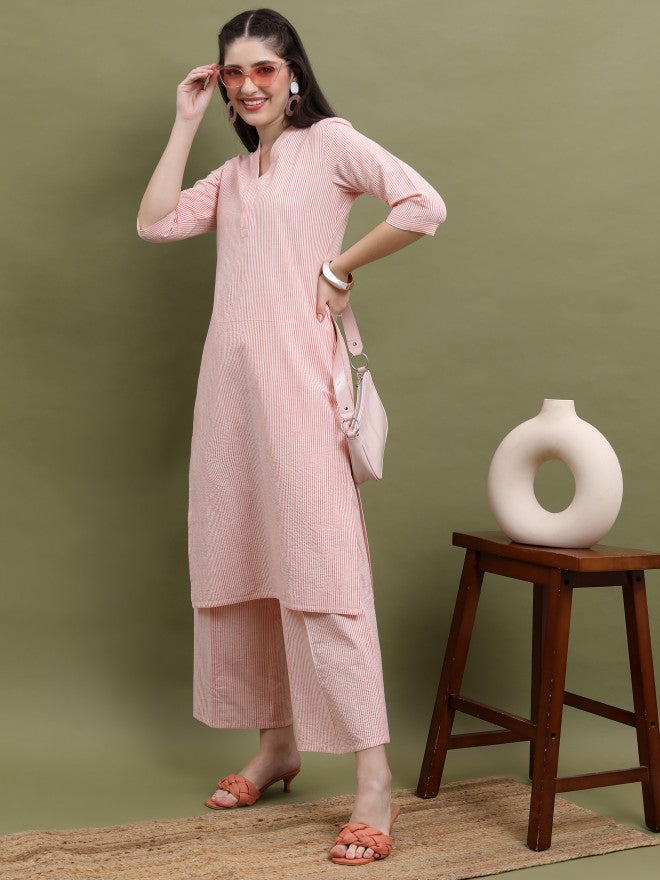 Vishudh Women Peach Striped Kurta With Palazzo - Peach - Image 1