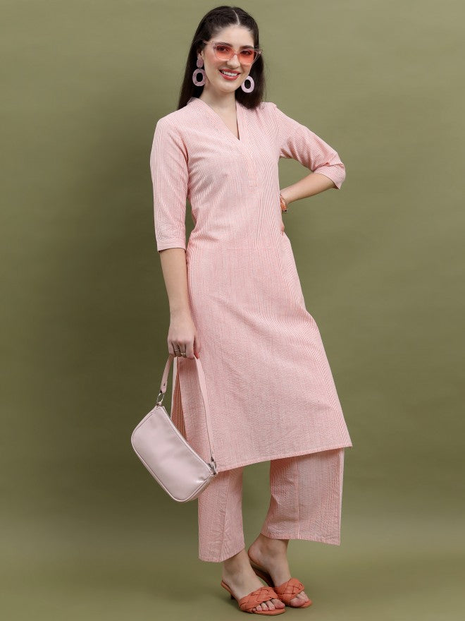 Vishudh Women Peach Striped Kurta With Palazzo - Peach - Image 2