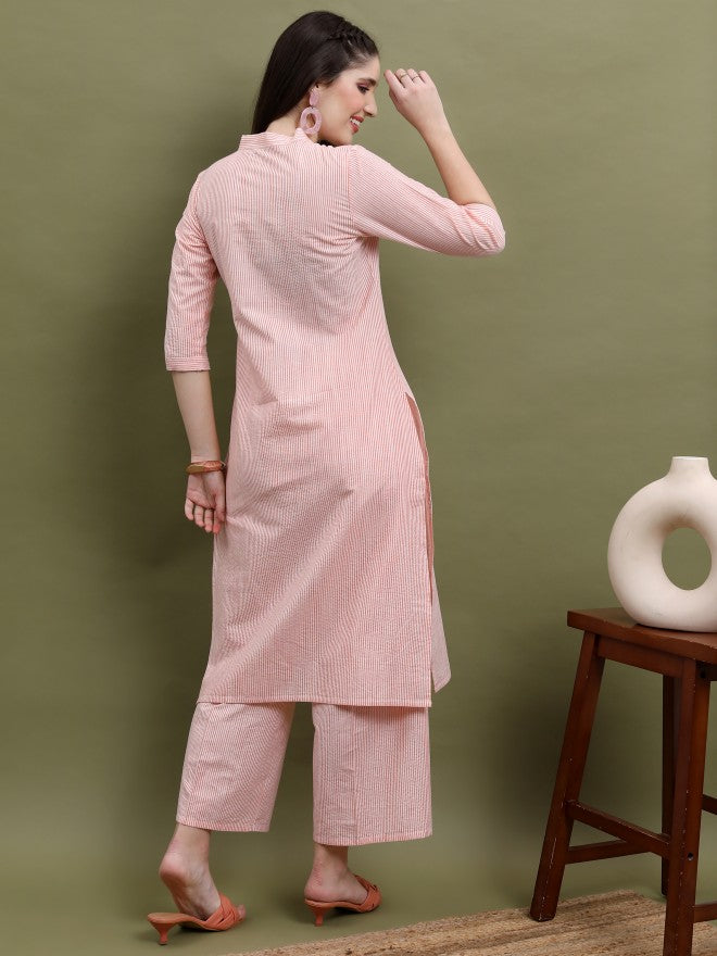 Vishudh Women Peach Striped Kurta With Palazzo - Peach - Image 3