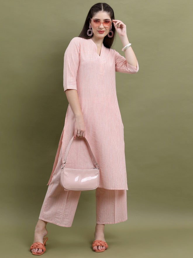 Vishudh Women Peach Striped Kurta With Palazzo - Peach - Image 4