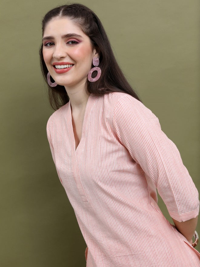 Vishudh Women Peach Striped Kurta With Palazzo - Peach - Image 5