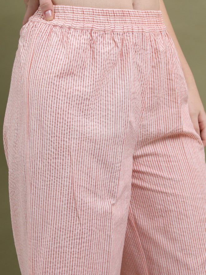Vishudh Women Peach Striped Kurta With Palazzo - Peach - Image 6