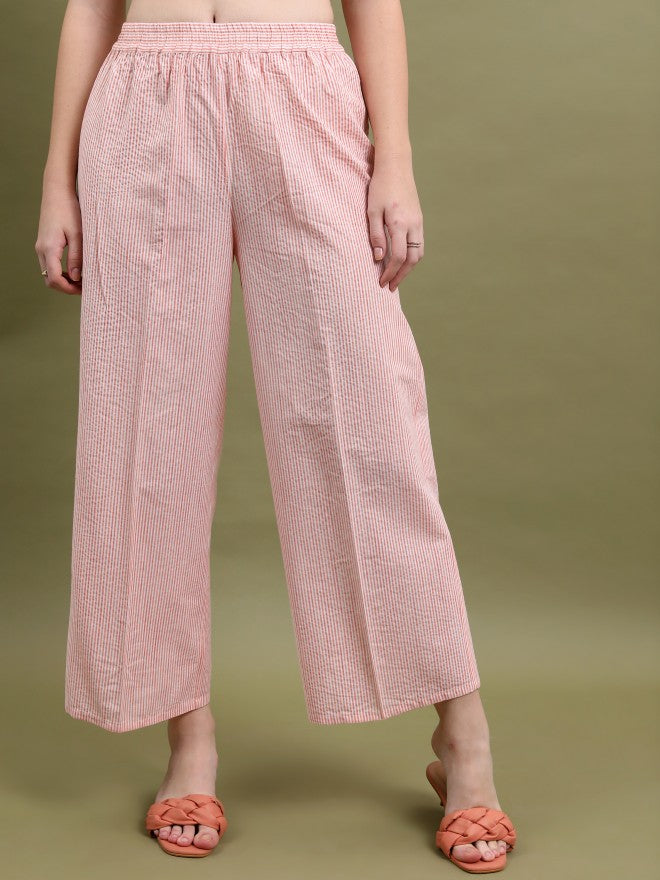 Vishudh Women Peach Striped Kurta With Palazzo - Peach - Image 7