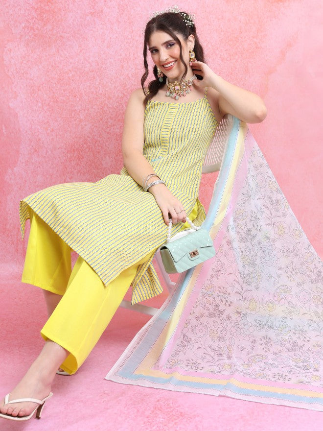 Vishudh Women Yellow Striped Kurta With Palazzo And Dupatta - Yellow - Image 1