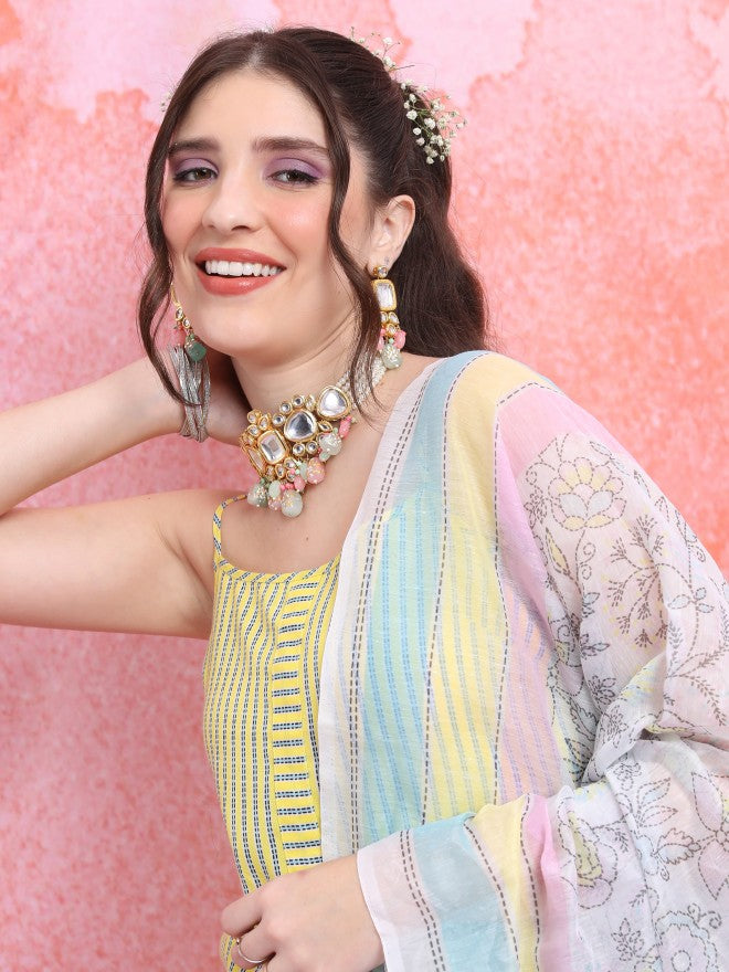 Vishudh Women Yellow Striped Kurta With Palazzo And Dupatta - Yellow - Image 2