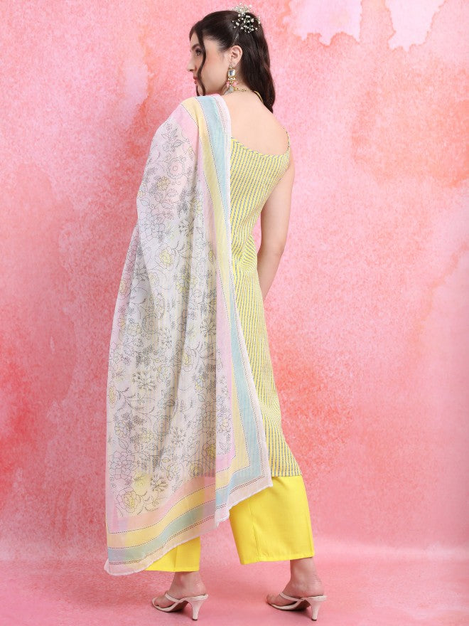 Vishudh Women Yellow Striped Kurta With Palazzo And Dupatta - Yellow - Image 3