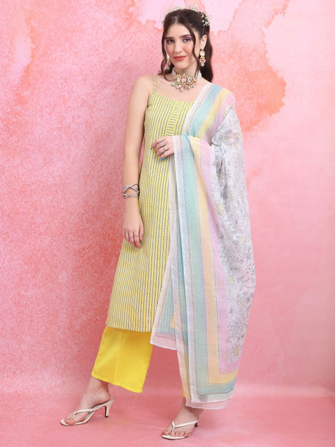 Vishudh Women Yellow Striped Kurta With Palazzo And Dupatta - Yellow - Image 4