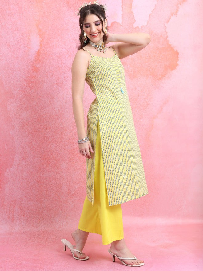 Vishudh Women Yellow Striped Kurta With Palazzo And Dupatta - Yellow - Image 6