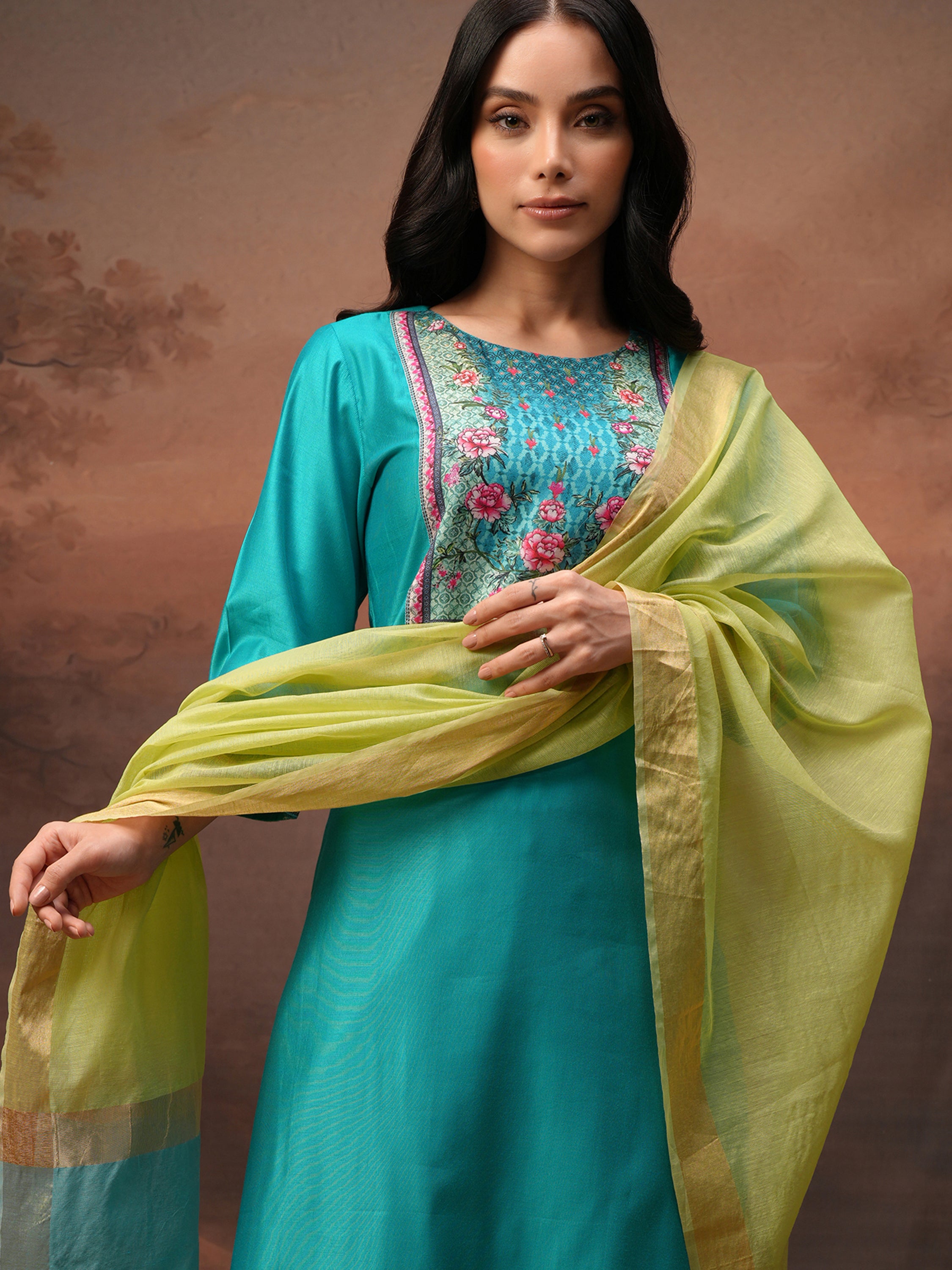 Vishudh Women Blue Printed Kurta With Palazzos And Dupatta - Blue - Image 1