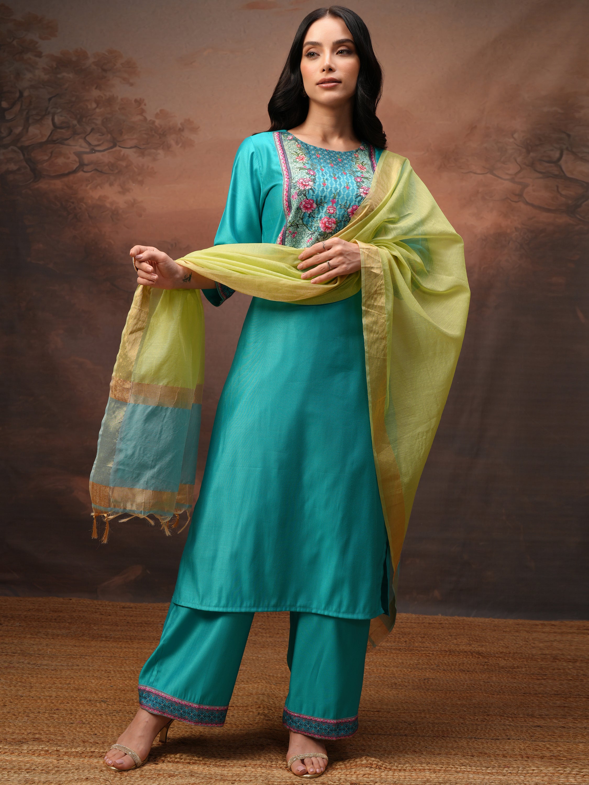 Vishudh Women Blue Printed Kurta With Palazzos And Dupatta - Blue - Image 2