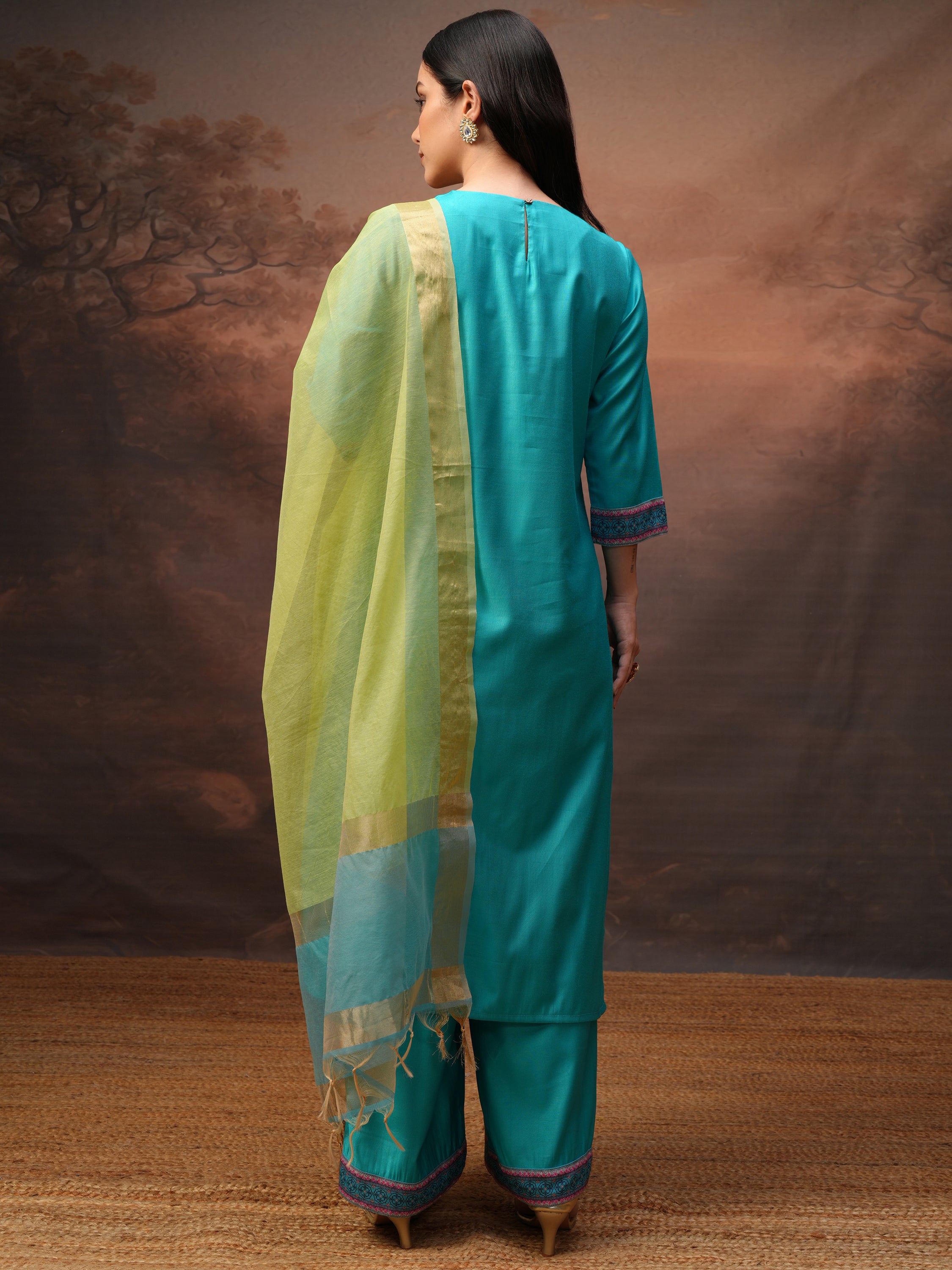 Vishudh Women Blue Printed Kurta With Palazzos And Dupatta - Blue - Image 3