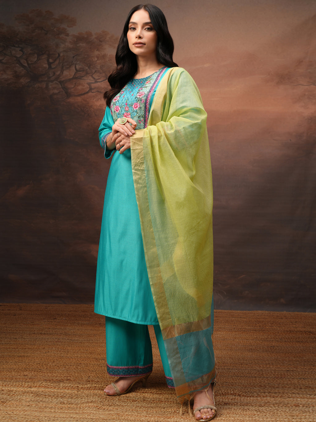 Vishudh Women Blue Printed Kurta With Palazzos And Dupatta - Blue - Image 4