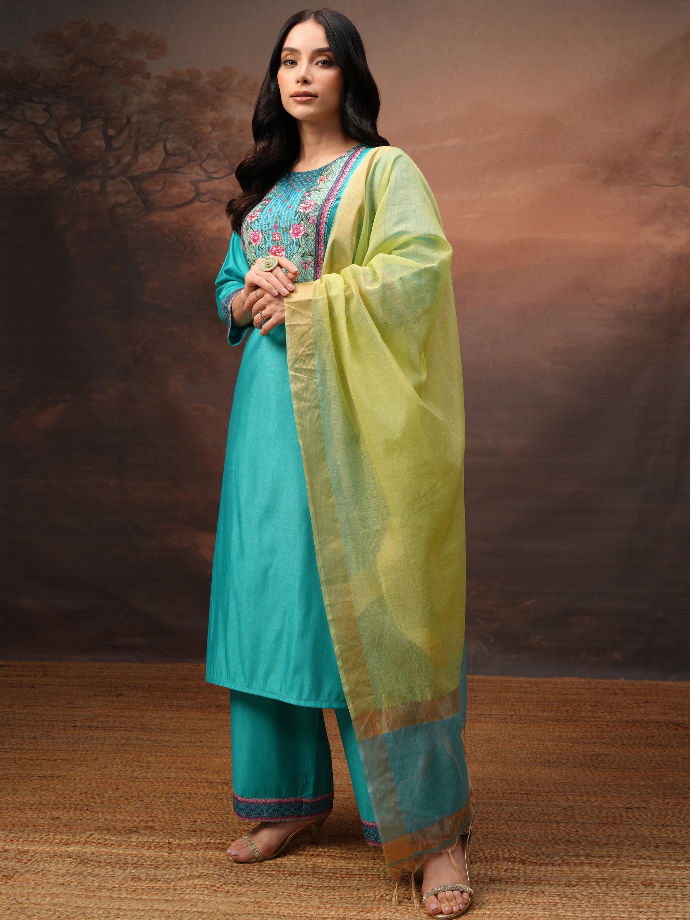 Vishudh Women Blue Printed Kurta With Palazzos And Dupatta - Blue - Image 4