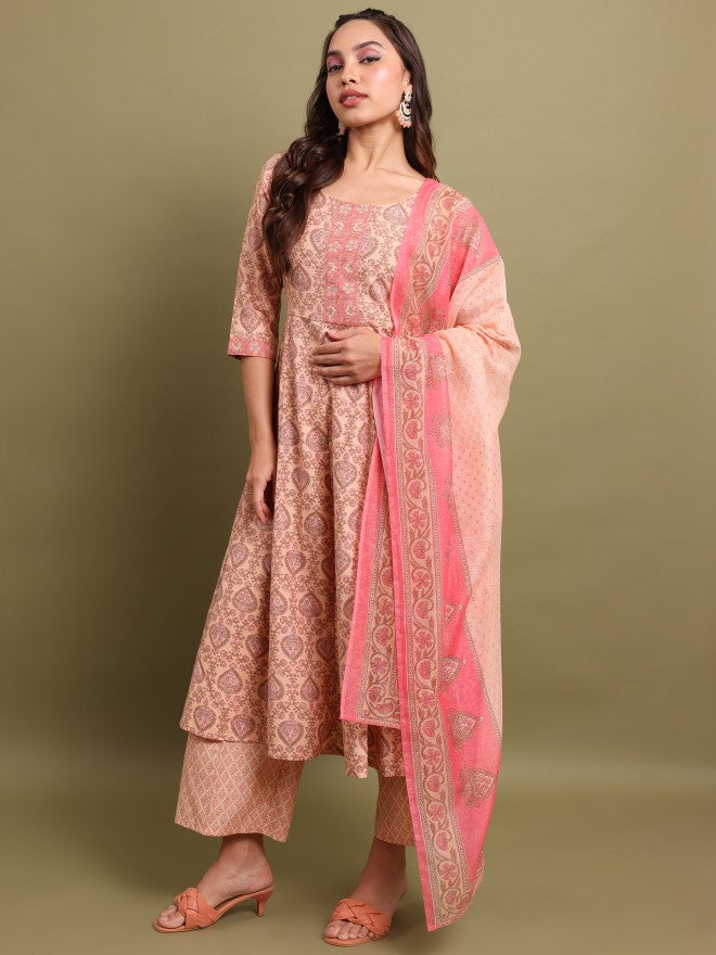 Vishudh Women Peach Printed Kurta With Palazzo And Dupatta - Peach - Image 2