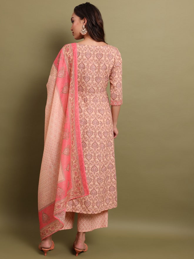 Vishudh Women Peach Printed Kurta With Palazzo And Dupatta - Peach - Image 3
