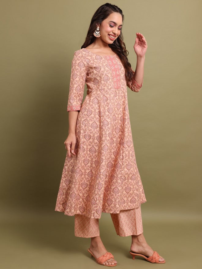 Vishudh Women Peach Printed Kurta With Palazzo And Dupatta - Peach - Image 4