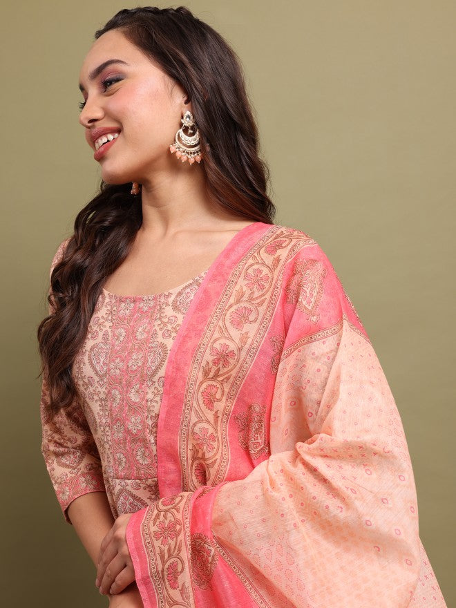 Vishudh Women Peach Printed Kurta With Palazzo And Dupatta - Peach - Image 8