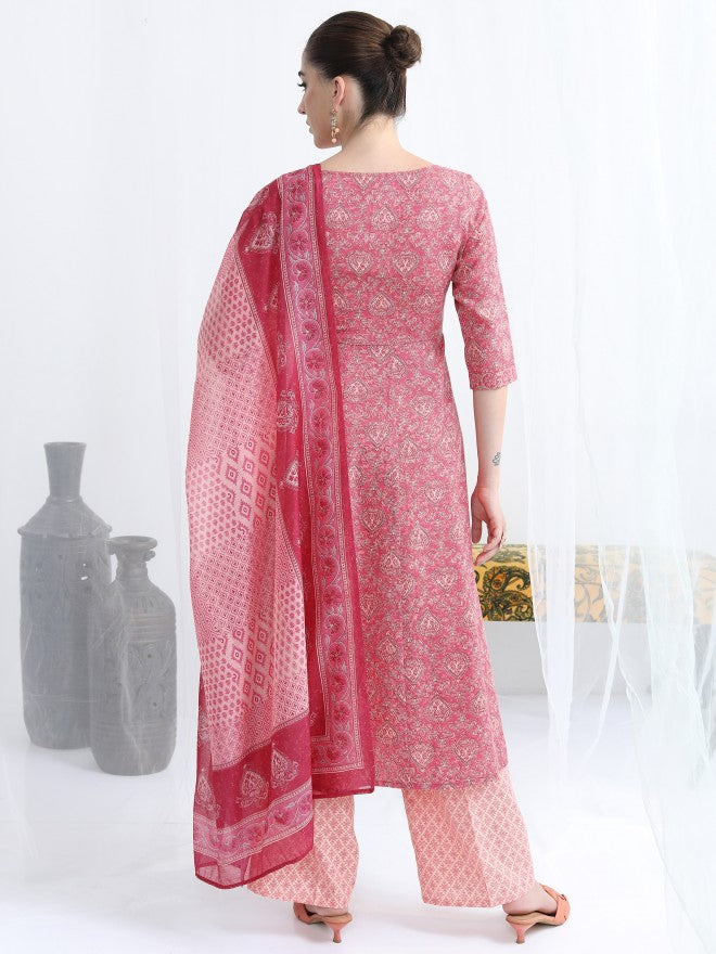 Vishudh Women Pink Printed Kurta With Palazzo And Dupatta - Pink - Image 3