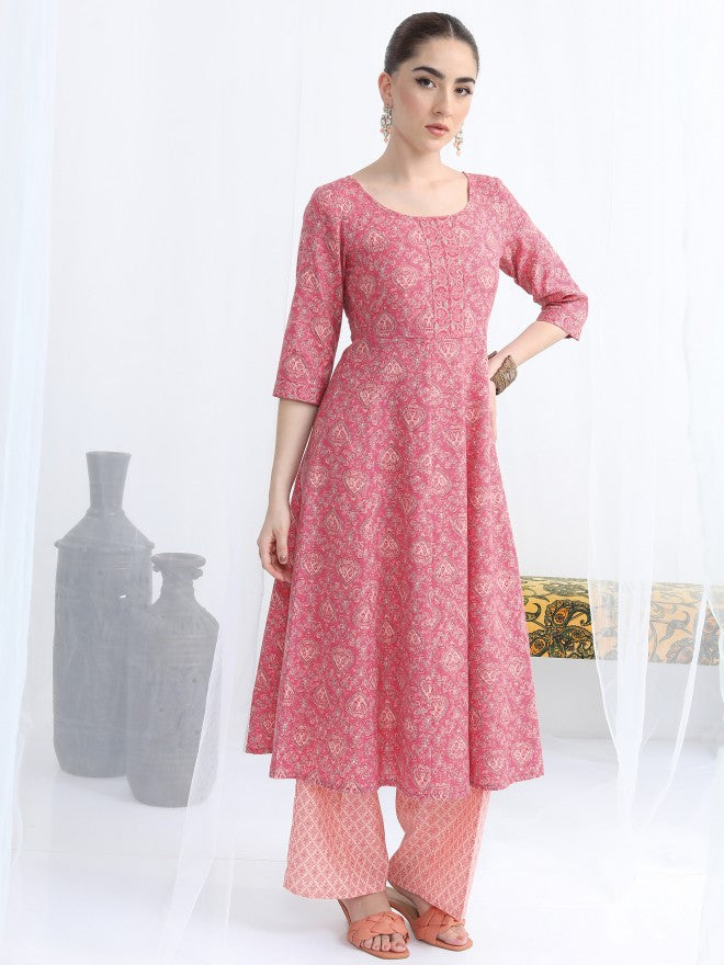 Vishudh Women Pink Printed Kurta With Palazzo And Dupatta - Pink - Image 4
