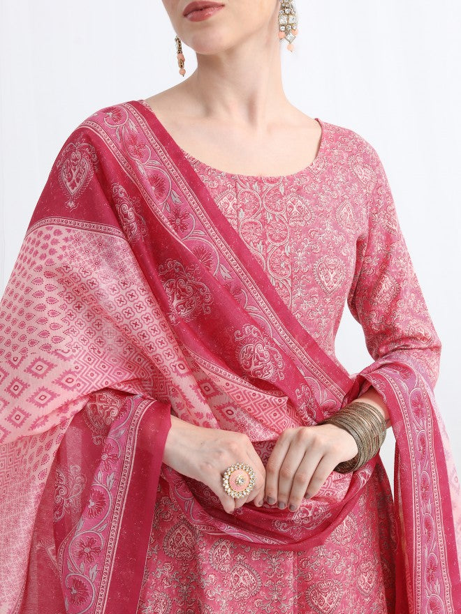 Vishudh Women Pink Printed Kurta With Palazzo And Dupatta - Pink - Image 5