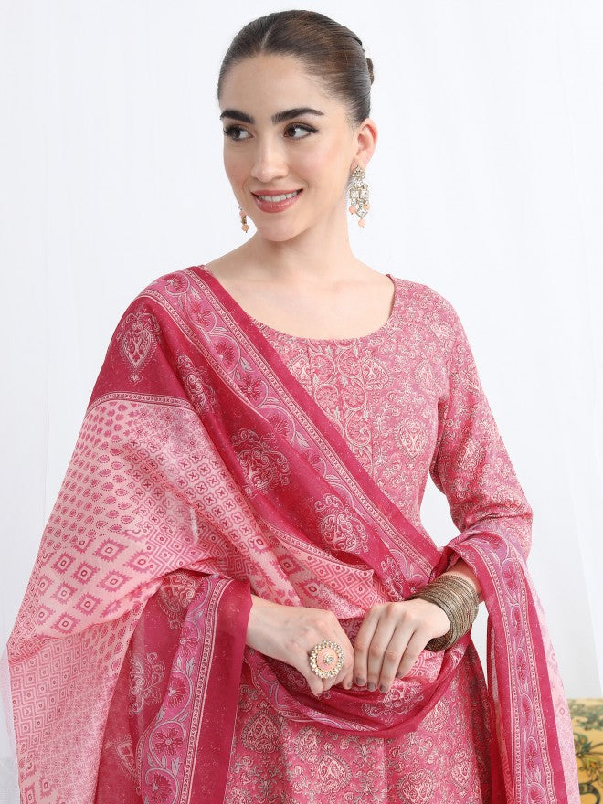 Vishudh Women Pink Printed Kurta With Palazzo And Dupatta - Pink - Image 8