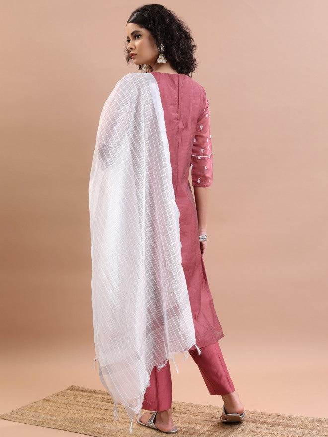 Vishudh Women Pink Kurta With Trouser - Pink - Image 3