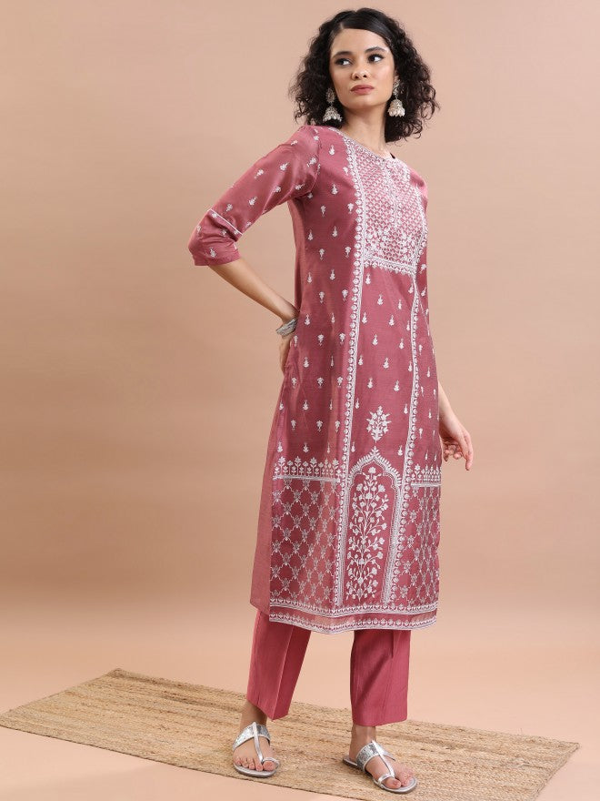 Vishudh Women Pink Kurta With Trouser - Pink - Image 4