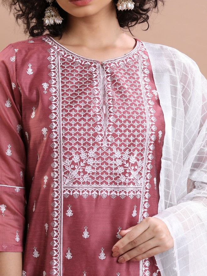 Vishudh Women Pink Kurta With Trouser - Pink - Image 5