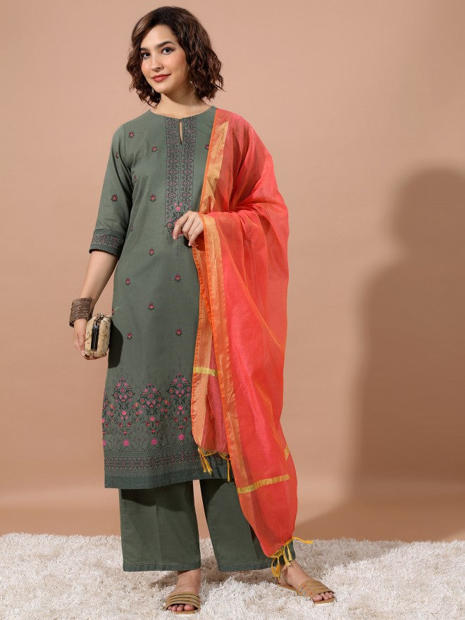 Vishudh Women Green Kurta With Palazzo - Green - Image 1