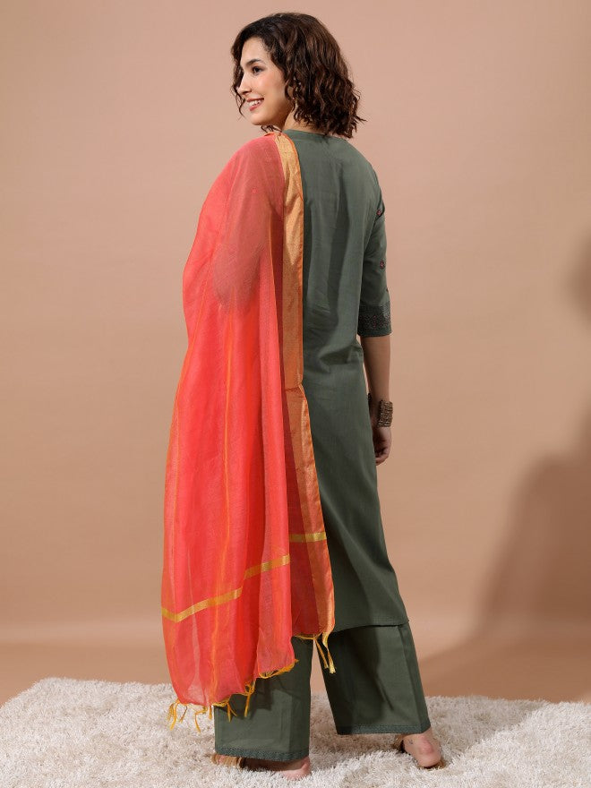 Vishudh Women Green Kurta With Palazzo - Green - Image 3