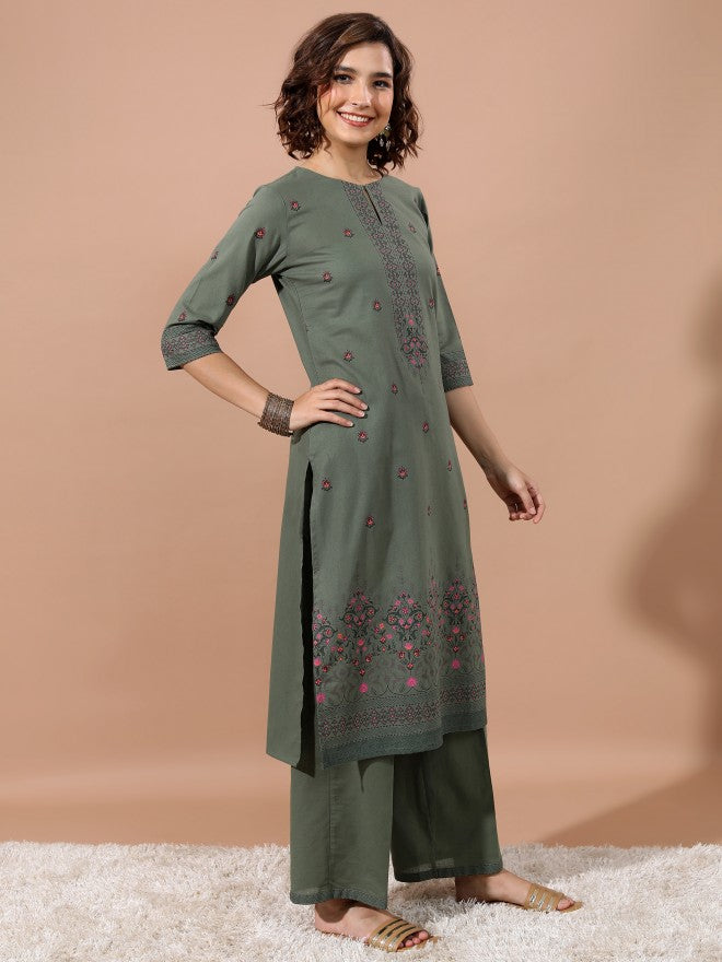 Vishudh Women Green Kurta With Palazzo - Green - Image 4