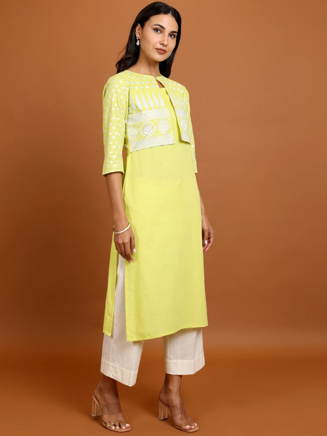 Vishudh Women Yellow Printed Kurta With Jacket - Yellow - Image 2