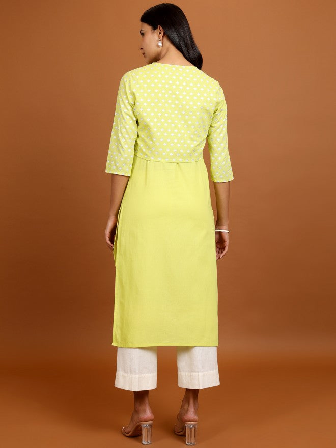 Vishudh Women Yellow Printed Kurta With Jacket - Yellow - Image 3