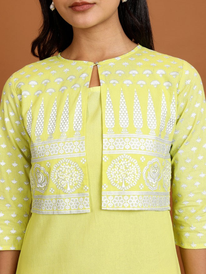 Vishudh Women Yellow Printed Kurta With Jacket - Yellow - Image 5