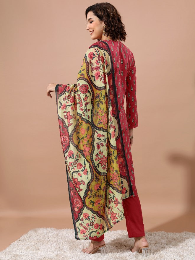 Vishudh Women Red Printed Kurta With Trouser - Red - Image 3