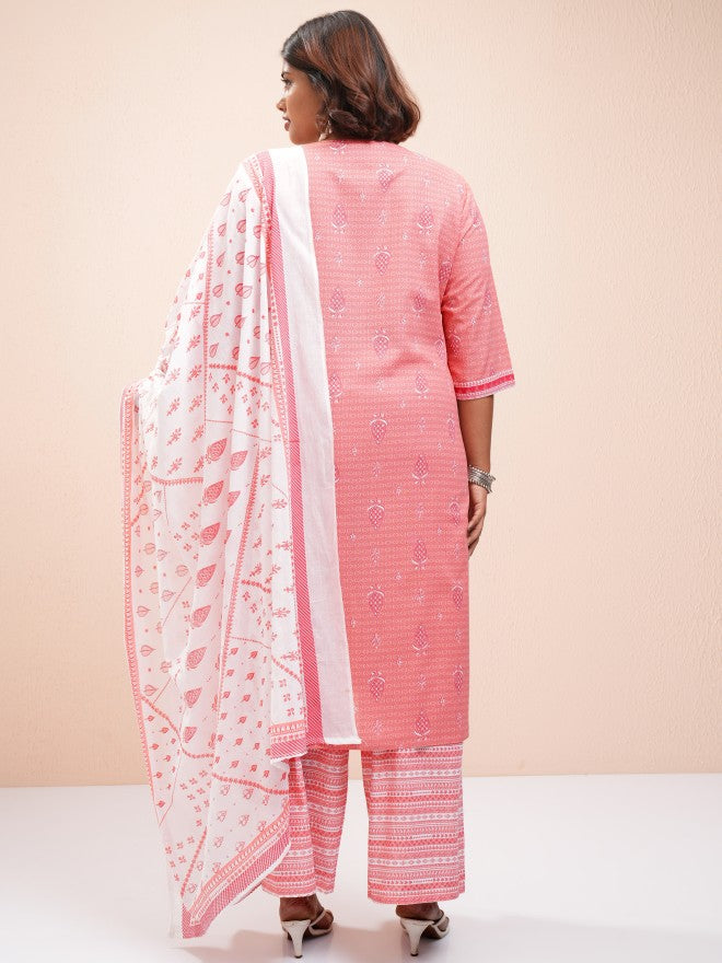 Vishudh Women Pink Printed Kurta With Palazzo And Dupatta - Pink - Image 3