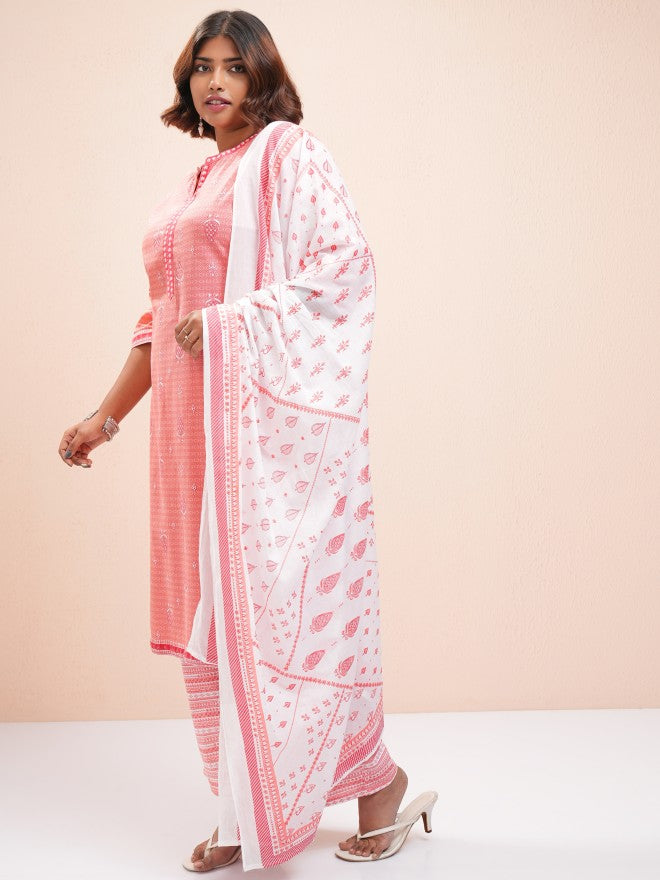 Vishudh Women Pink Printed Kurta With Palazzo And Dupatta - Pink - Image 4