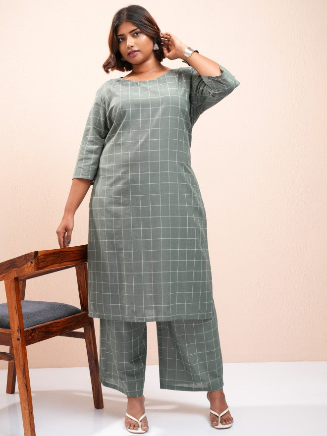 Vishudh Women Green Checked Kurta With Palazzo - Green - Image 2