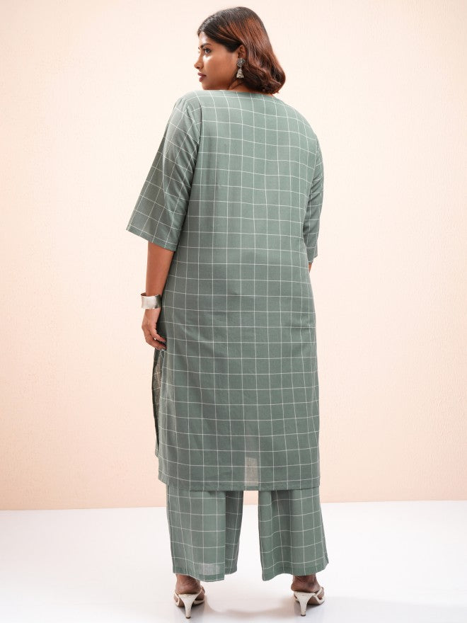 Vishudh Women Green Checked Kurta With Palazzo - Green - Image 3