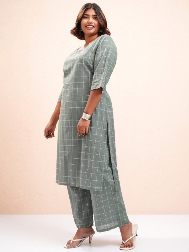 Vishudh Women Green Checked Kurta With Palazzo - Green - Image 4