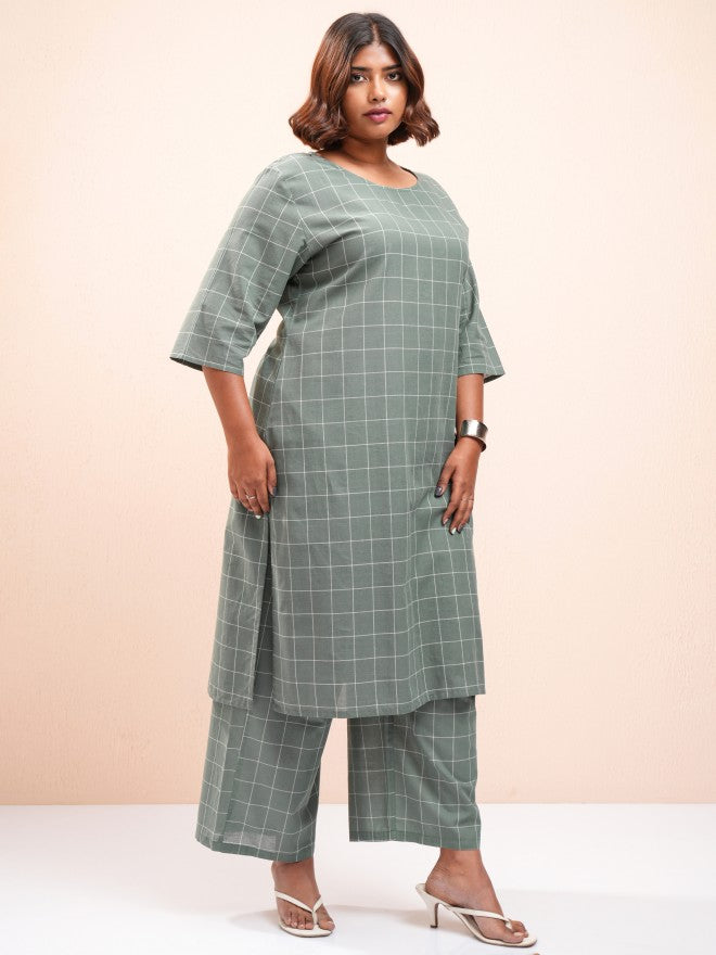Vishudh Women Green Checked Kurta With Palazzo - Green - Image 6