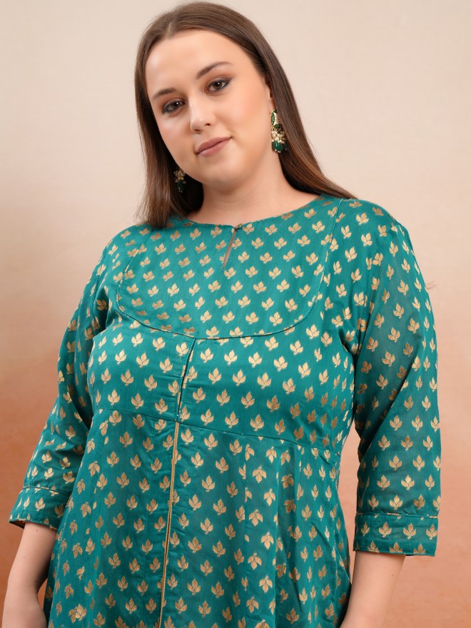 Vishudh Women Teal Printed Kurta With Trouser - Teal - Image 2