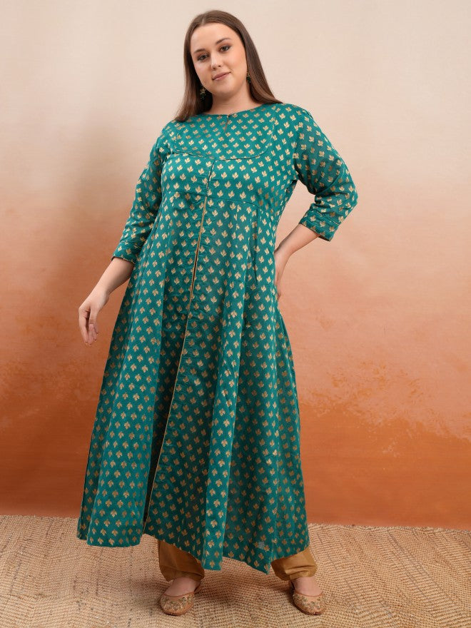 Vishudh Women Teal Printed Kurta With Trouser - Teal - Image 1