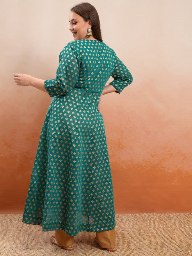 Vishudh Women Teal Printed Kurta With Trouser - Teal - Image 3