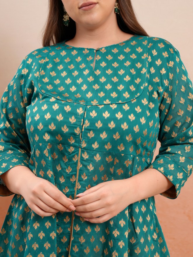 Vishudh Women Teal Printed Kurta With Trouser - Teal - Image 5