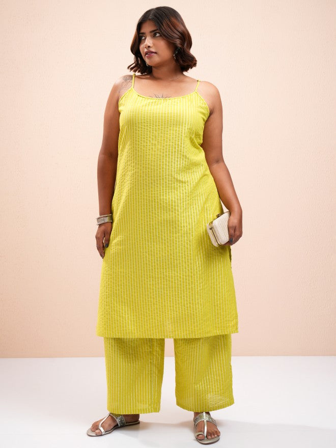 Vishudh Women Green Striped Kurta With Palazzo - Green - Image 2