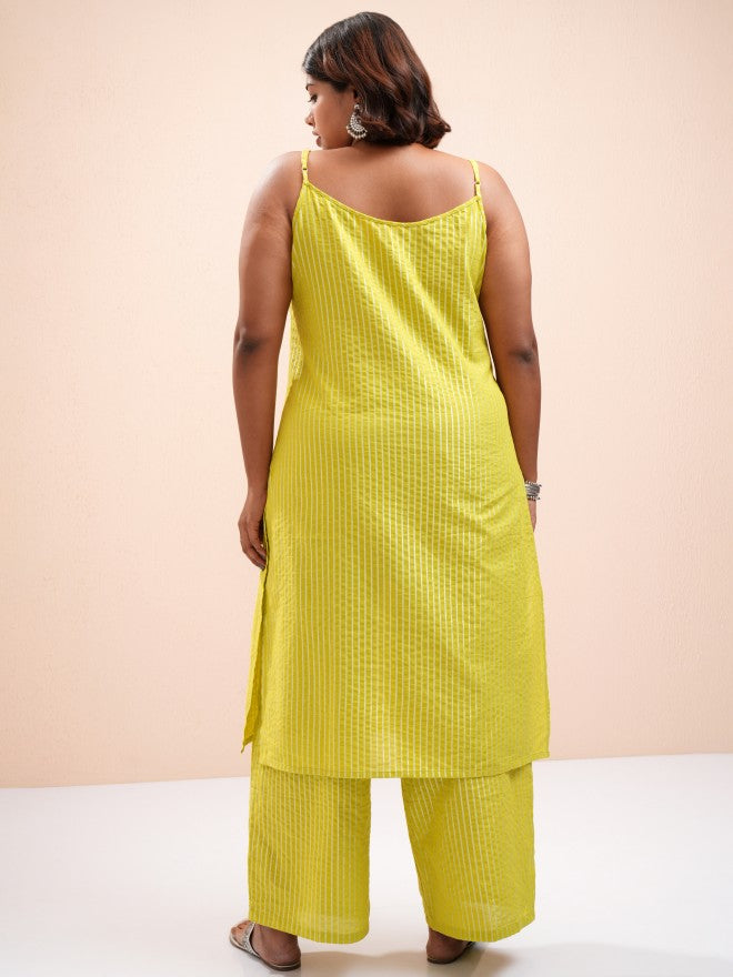 Vishudh Women Green Striped Kurta With Palazzo - Green - Image 3
