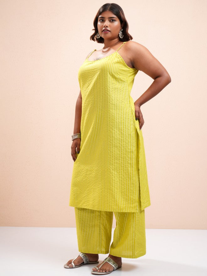 Vishudh Women Green Striped Kurta With Palazzo - Green - Image 4