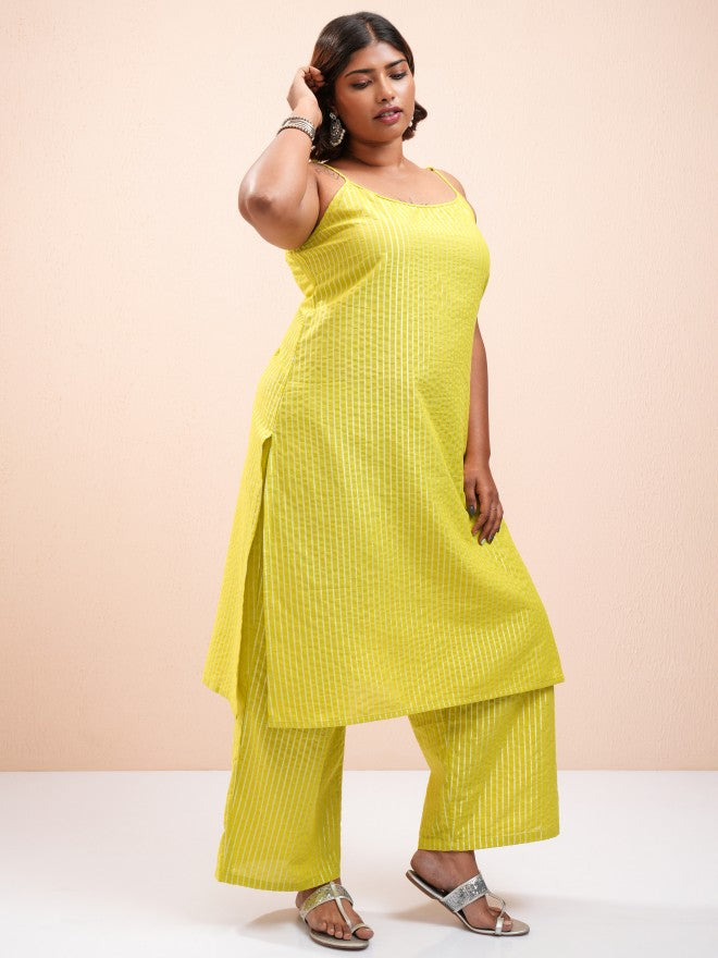 Vishudh Women Green Striped Kurta With Palazzo - Green - Image 6