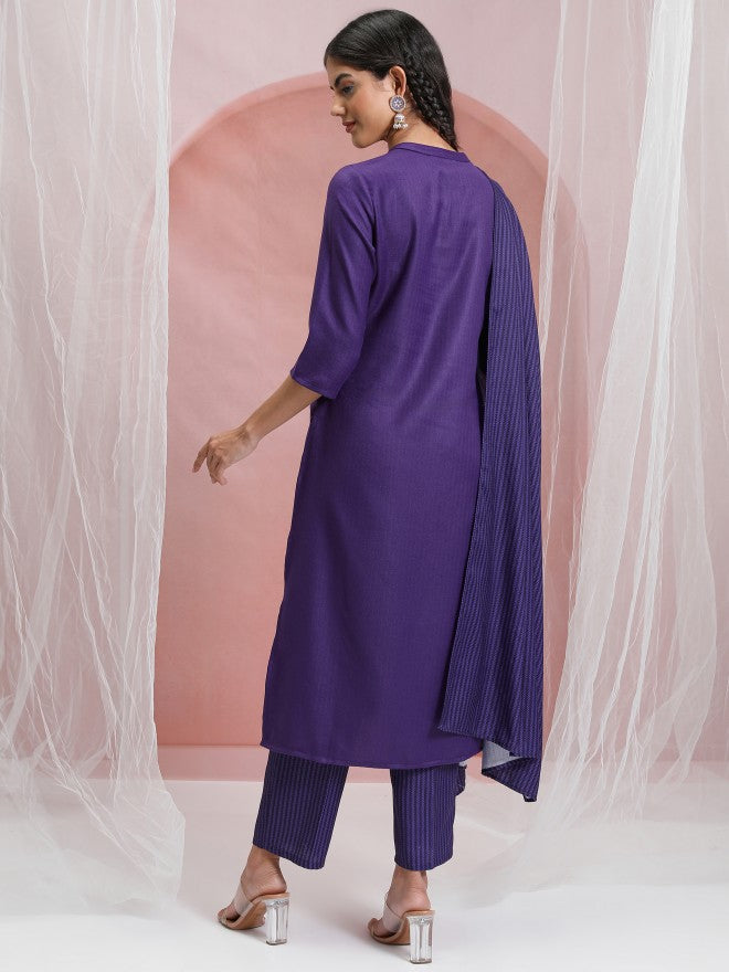 Vishudh Women Purple Solid Kurta With Trouser - Purple - Image 3